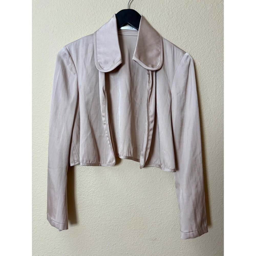 Elaine Kim Champagne Taupe Satin Cropped Open Front Jacket Peter Pan Collar Sz S